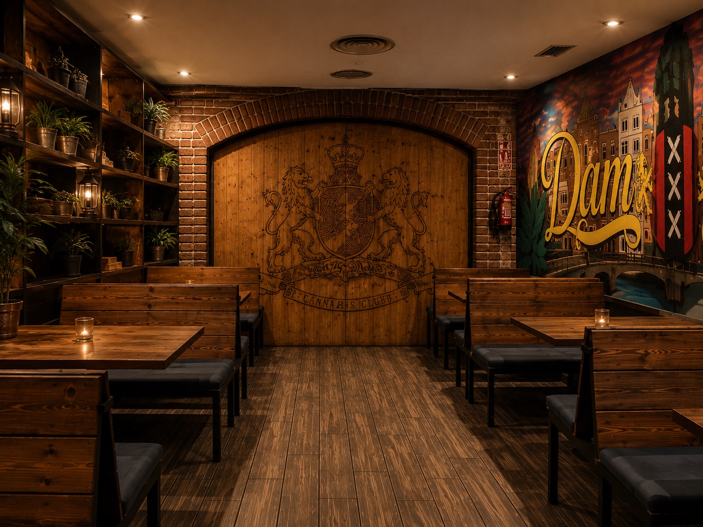 Dam Square lounge with wood seating and club door